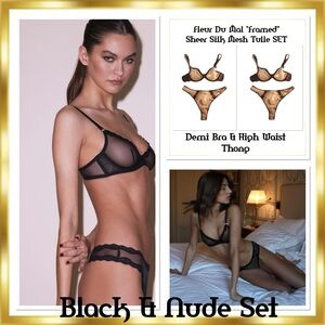 Fleur Du Mal”Framed” black/Nude SET Sheer Mesh Silk Trimmed $355 NWOT